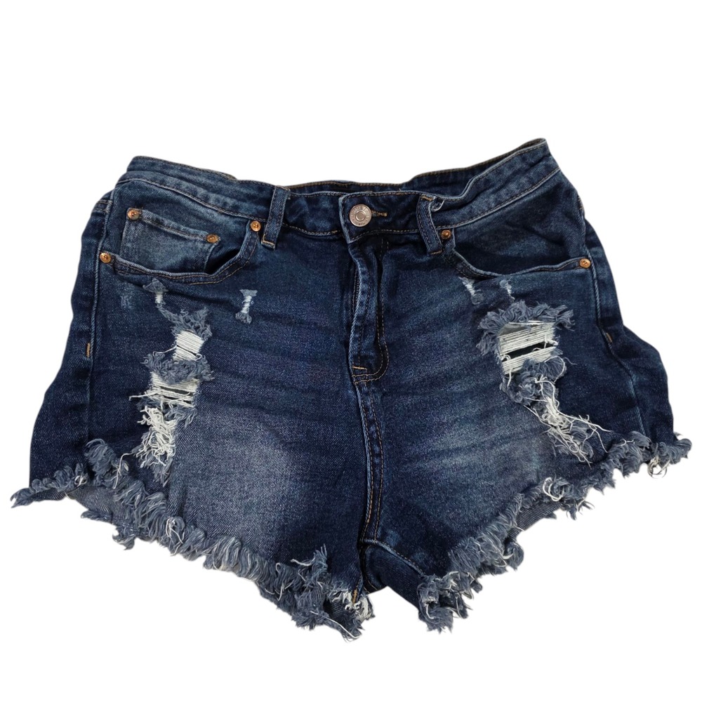 Almost Famous Cut Off Shorts Womens Blue 11 Denim Distressed Raw Hem Stretch Hot